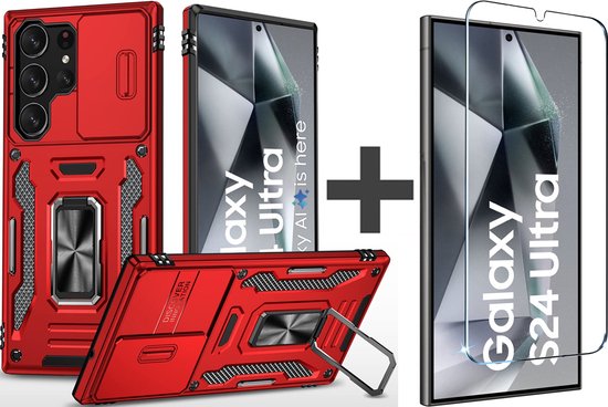 BixB hoesje met screenprotector van gehard glas Geschikt voor Samsung Galaxy S24 Ultra hoesje - Hybrid Armor Anti-Shock TPU backcover - met Ringhouder - Rood