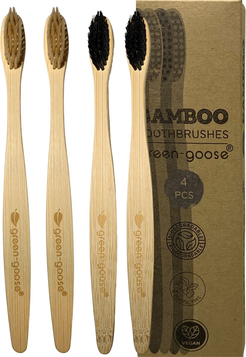 Goedkoopste 4 Duurzame Bamboe Tandenborstels - Familie Pakket - Uniek borstel design - 100 Eco-vriendelijk - Vier Verschillende Kleuren