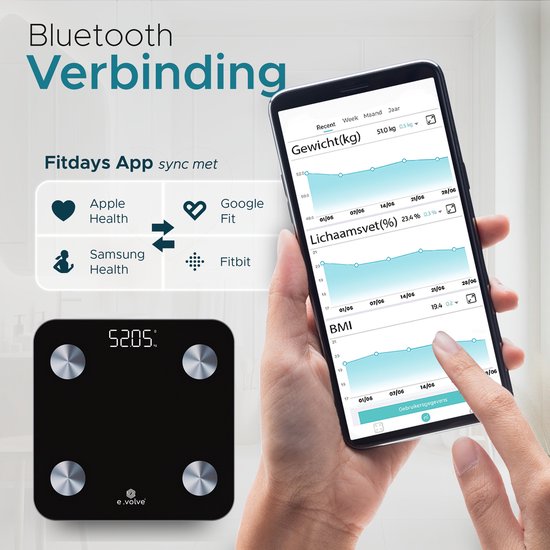 e.volve S5x Weegschaal Personenweegschaal Digitaal - Slimme Weegschaal met 20x Lichaamsanalyse - Digitale Weegschaal - Incl. App - Zwart