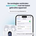 Witte draadloze oordopjes in een opladercase, verbonden met een smartphone via Bluetooth 5.3. Het scherm toont "Siltcon SoundWave Pro Connected".