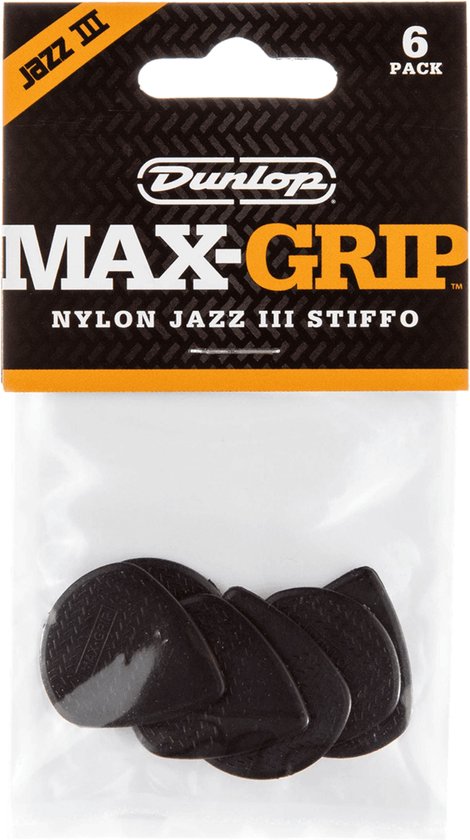 Foto: Dunlop max grip nylon jazz iii stiffo plectrum 6 pack zwart plectra