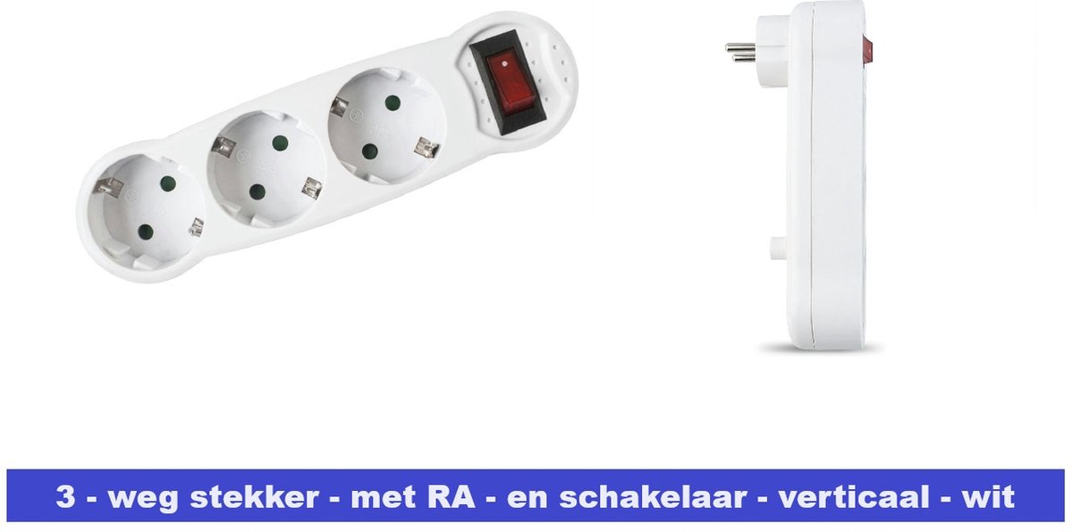 STEKKER 3-WEG - MET SCHAKELAAR - VERTIKAAL - GEKEURD - WIT - 10/16 A - 3 VOUDIG - MET RANDAARDE - STEKKER DOOS - STEKKER ADAPTER - 8425160219246