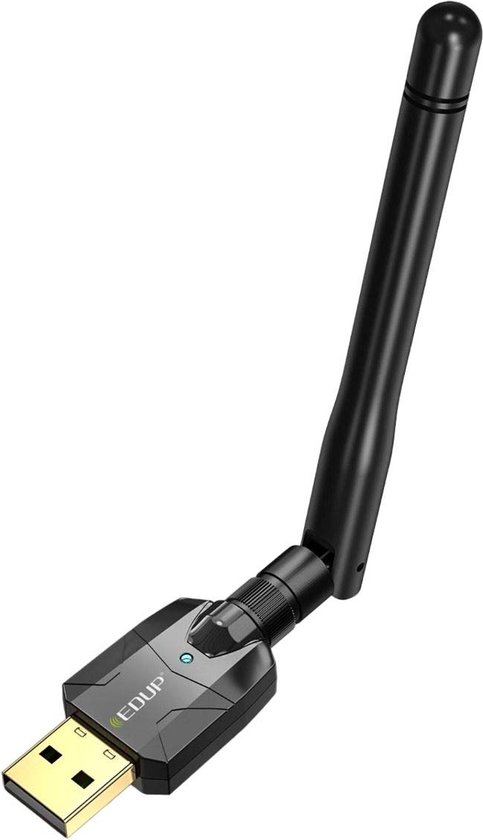 Zwarte EDUP Bluetooth adapter met USB-aansluiting en externe antenne.