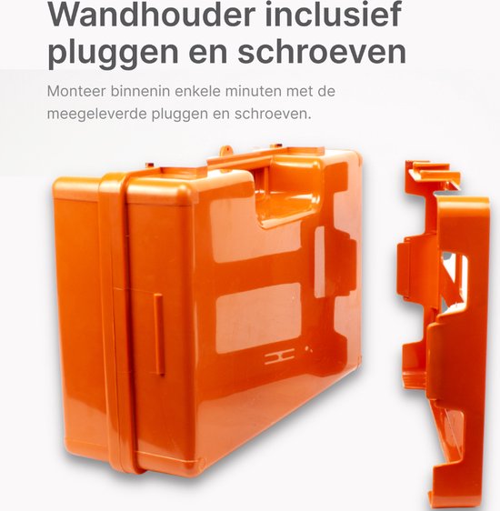 Oranje verbanddoos en bijbehorende wandhouder, inclusief pluggen en schroeven.