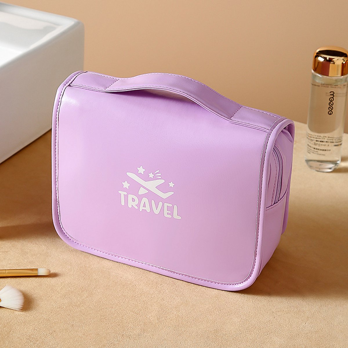 Toilettas Ophangbaar, Make-Up Tasje met Haak, Make Up Koffer, Reistas, Beautycase, Toilettas Dames, Make Up Tas Organizer, Make Up Etui, Reistas, Beautycase Koffer, Toilettas voor op Reis met Draaggreep en Haak, PU-LEER, Waterdicht, 41x24x8 CM, PAARS