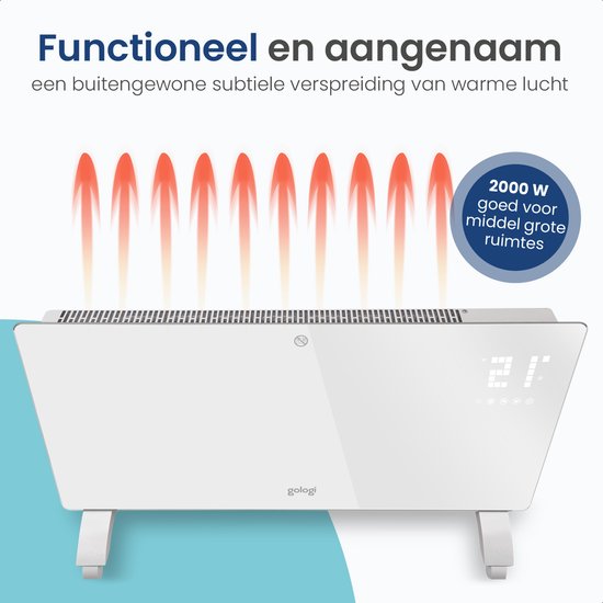 Gologi Elektrische Kachel - Verwarming elektrisch - Convectorkachel met thermostaat - Werkt via App en touch bediening - Tot 25m2 - 2000W Heater - Wit