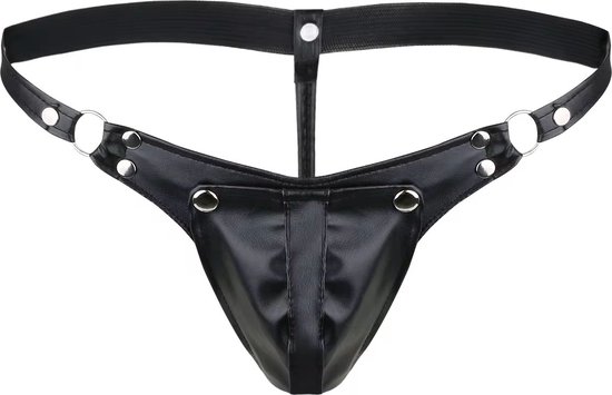 Slips en cuir pour hommes - BDSM - Fermeture bouton pour fonction entrejambe ouvert - G-string - Bandes élastiques - Sous-vêtements érotiques en cuir