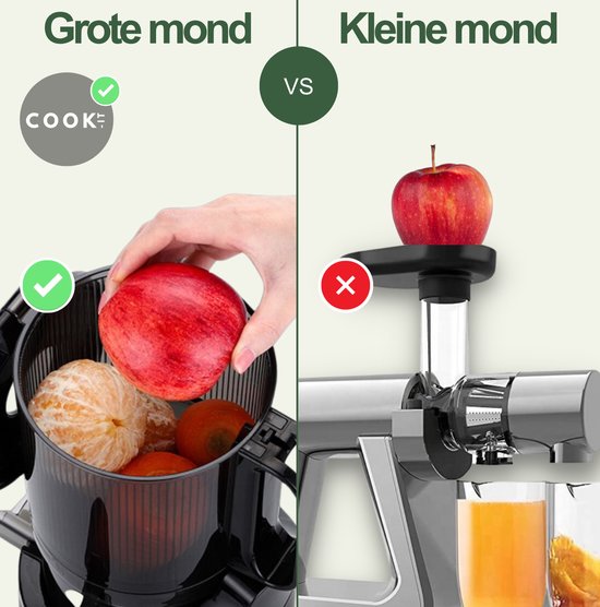 Comparaison d'une centrifugeuse lente à 'grande ouverture' où une pomme et des mandarines entrent, par rapport à une centrifugeuse lente à 'petite ouverture' avec une pomme sur le dessus.