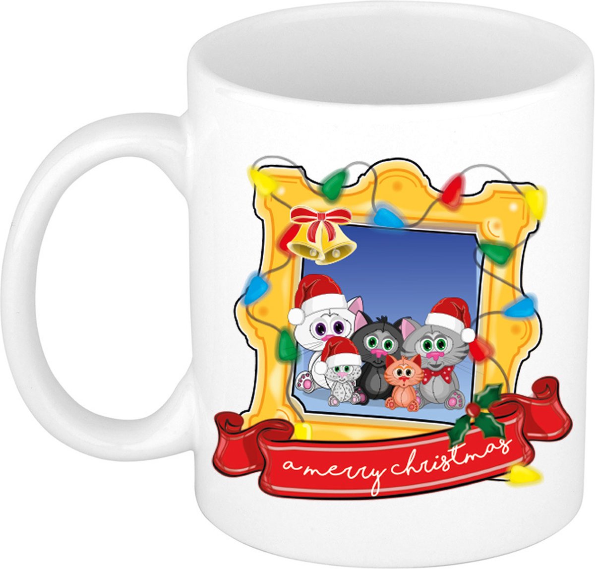 Bellatio Decorations Kerst cadeau koffiemok - kerst katje - wit - 300 ml - keramiek