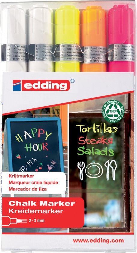 edding 4095 krijtstiften wit 2x, neonroze, neonoranje, neongeel - 5 stuks raamstiften - krijtmarkers - ronde punt 2-3 mm - krijtstift voor krijtborden, uitwisbaar - voor het schrijven op ruiten, glas, spiegels