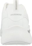 Achterkant van een witte damessneaker met zilverkleurige details en 'SKECHERS'-logo.