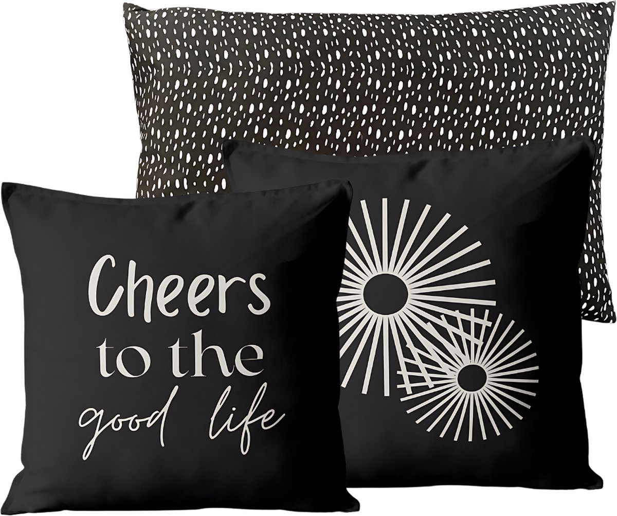 Buitenkussen Set van 3 voor Binnen en Buiten - tuinkussen - tuin - tuinaccessoires - sierkussen - Cheers / Goede Dag / Zwart Hart - 40x40 cm - Dubbelzijdig Ontwerp