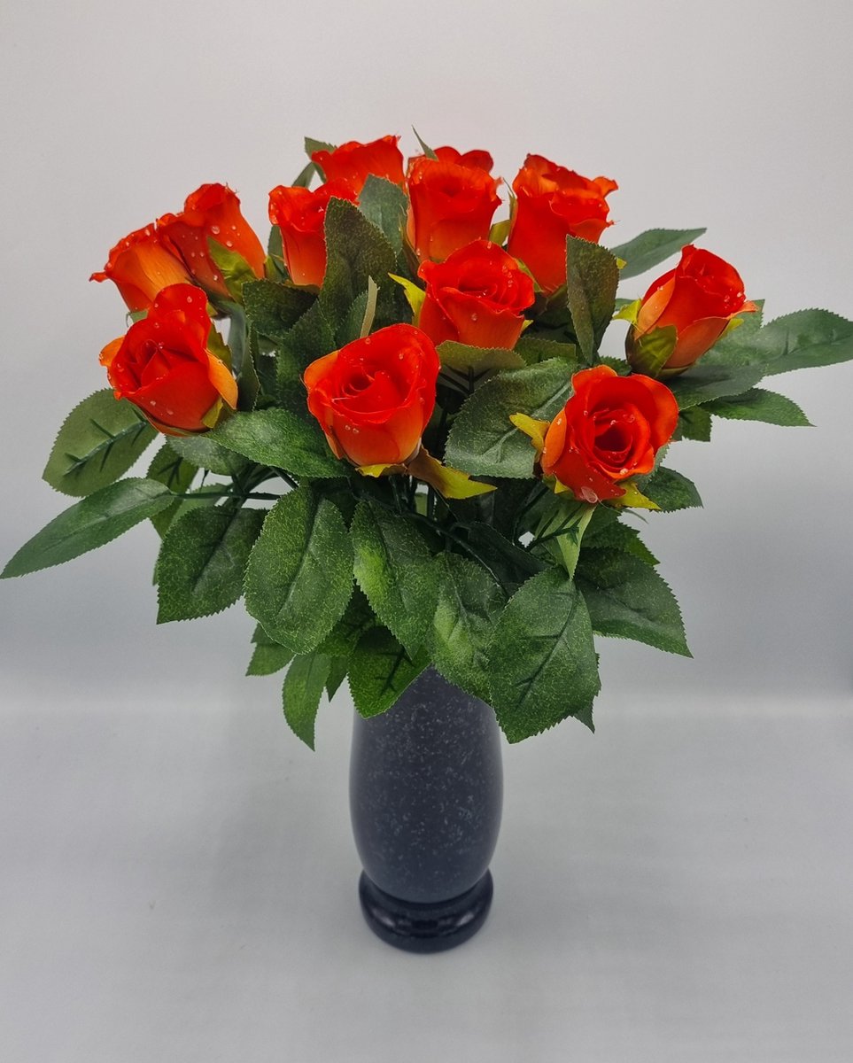 Boeket - Roos - U329-m2/2 - 44cm - Donker Oranje - 14 bloemen - Grafdecoratie - Zijdenbloemen - Kunstbloemen