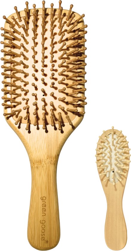 Set de 2 brosses à cheveux en bambou naturel, brosses à palette avec cheveux naturels pour des cheveux naturellement beaux, pour hommes, femmes, enfants, 100 % végétaliens (lot de 2 – poils multi-usages + brosses à palette)