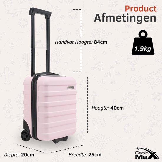 Afmetingen van een lichtroze Cabin Max koffer: 40 cm hoog, 25 cm breed, 20 cm diep, 84 cm handvat hoogte, 1.9kg.