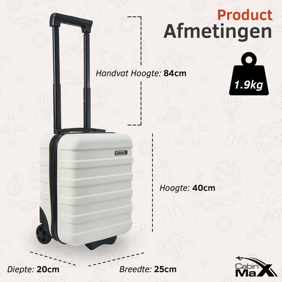 Afmetingen witte Cabin Max koffer: 40 cm hoog, 25 cm breed, 20 cm diep, 1.9kg.