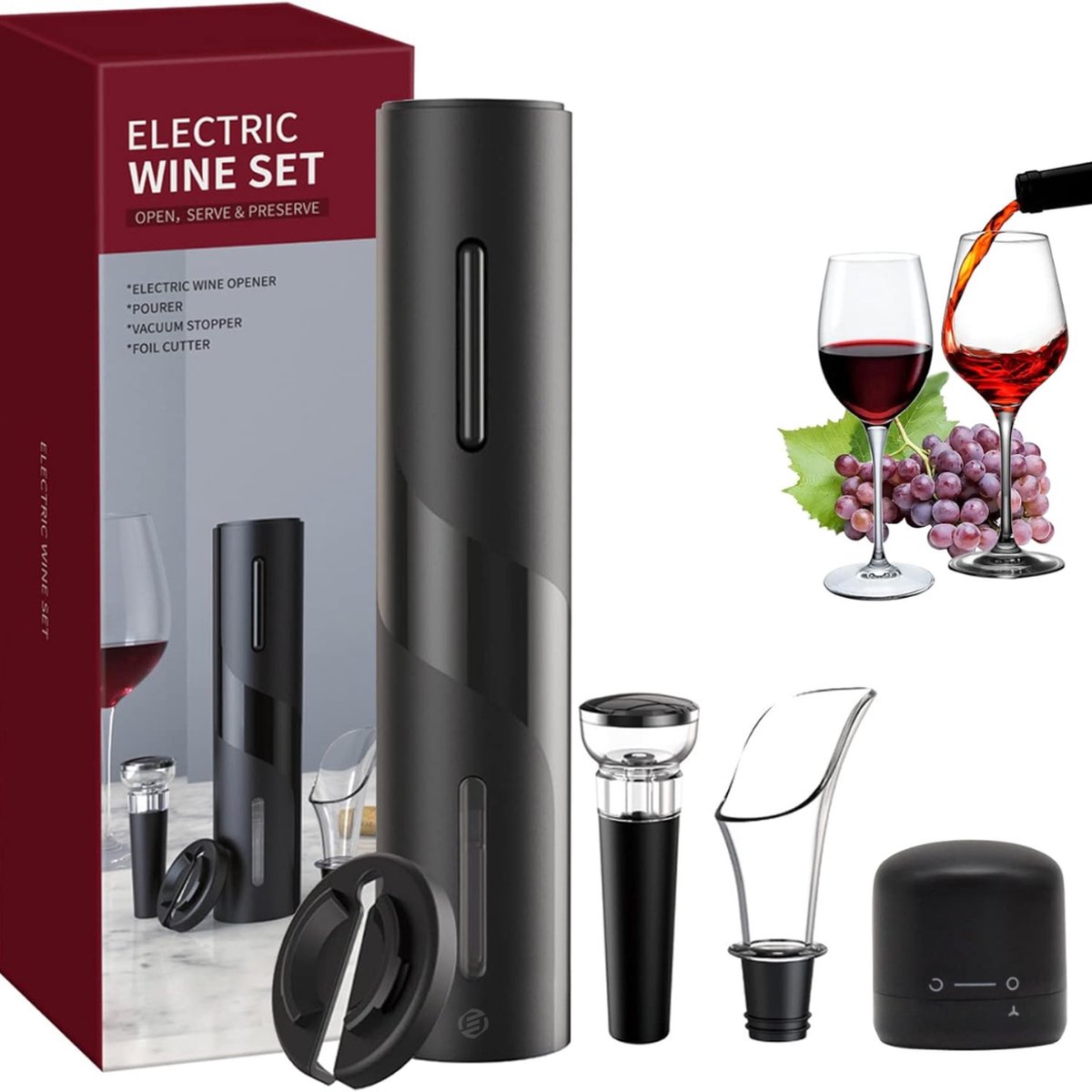 Equivera Elektrische Kurkentrekker Set - Automatische Wijnopener - Wijn Accessoires - Flessenopener - Cadeautip - Premium