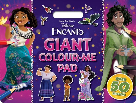 De voorkant van een Disney Encanto Kleurboek met Mirabel, Félix, Dolores, Antonio, Isabella en Pepa. 'Giant Colour-Me Pad' en 'Over 50 Stickers'.