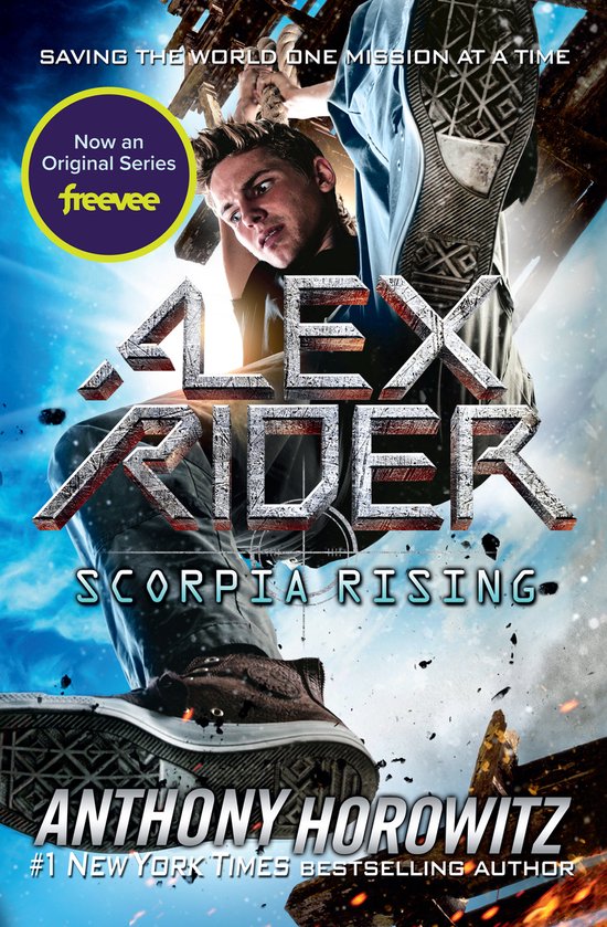 Lex Rider Scorpia Rising boekomslag met een jongeman die springt. Nu een originele serie op Freevee. Door Anthony Horowitz.