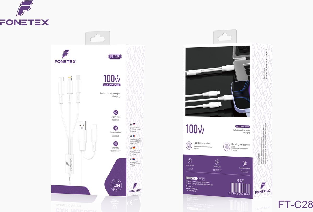 FoneTex Oplaadkabel – 1M – Wit- 5 in 1 – Snellader – Apple Lightning / USB-C / USB-C – 100W Fast Charge Output – Geschikt voor iPhone / Samsung / Huawei - (3x USB-C, 1x USB-A, 1x 8 Pin)
