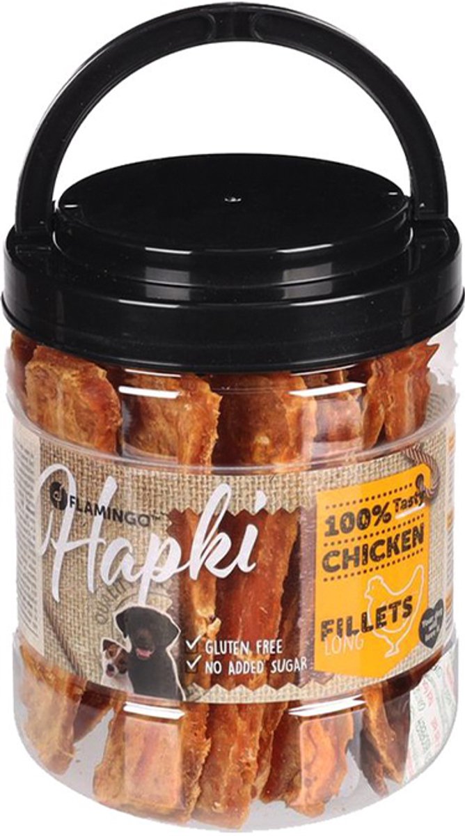Flamingo Hapki hondensnack - kippenstrips in pot - 500 gr - glutenvrij - geen toegevoegde suikers .