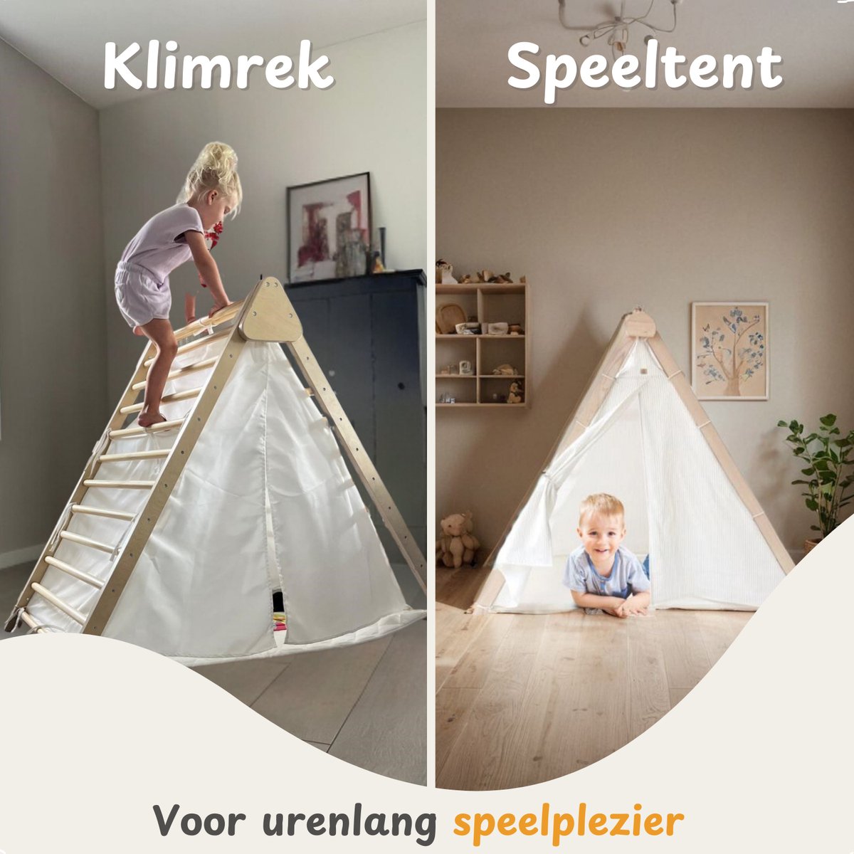 Maxx kidz - Houten Klimrek- 2 in 1 - Pikler Speeltoestel voor Binnen en Buiten - Tipi tent - Klimdriehoek met Doek - Tipi tent met klimrek - Hout Peuter Speelgoed — afbeelding 4