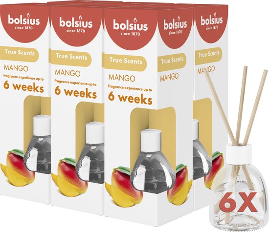 Voordeelverpakking van 6 stuks Bolsius True Scents Mango geurstokjes. De verpakking toont "6X" en een mango.
