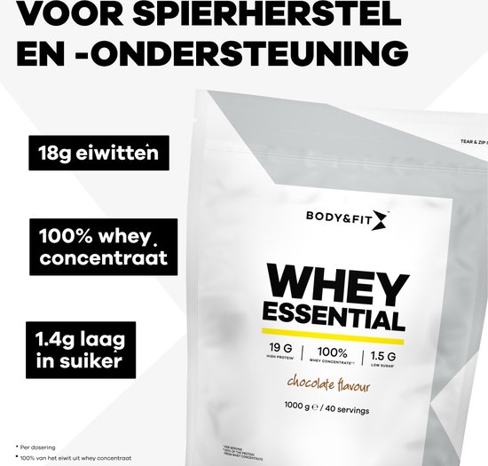 Body & Fit Whey Essential - Eiwitpoeder - Proteine Poeder - 100% Whey Eiwitconcentraat - Whey Protein - Eiwitshakes - Chocolade - 500 gram (20 shakes) — afbeelding 2