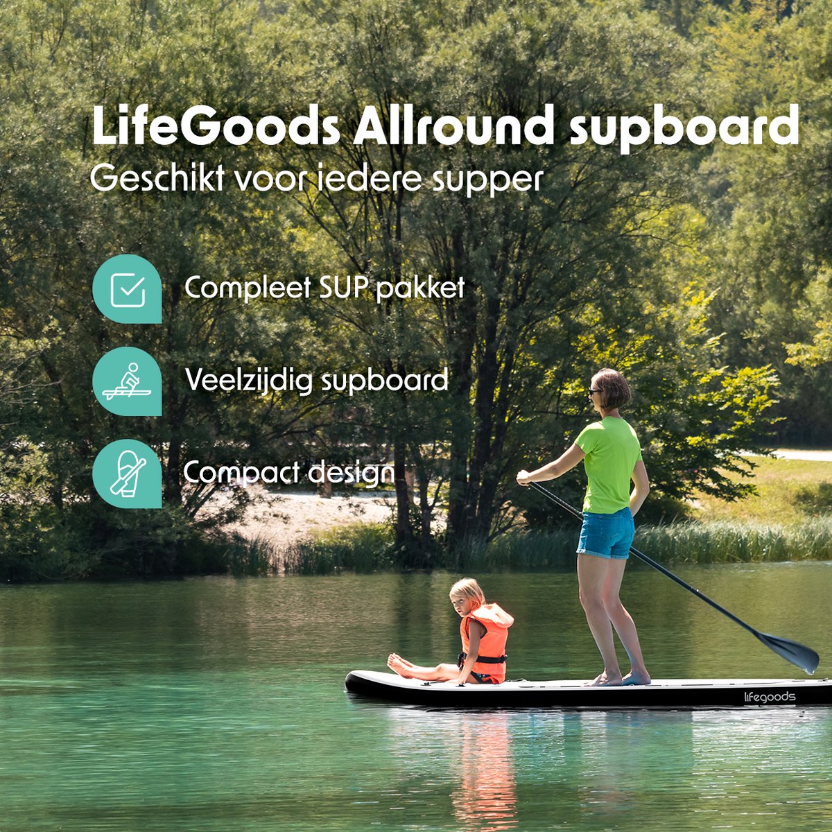 LifeGoods PaddlePro SUP Board - Opblaasbaar Paddle Board - Complete Set - Max. 150KG - 320x81cm - Wit/Zwart – foto 2