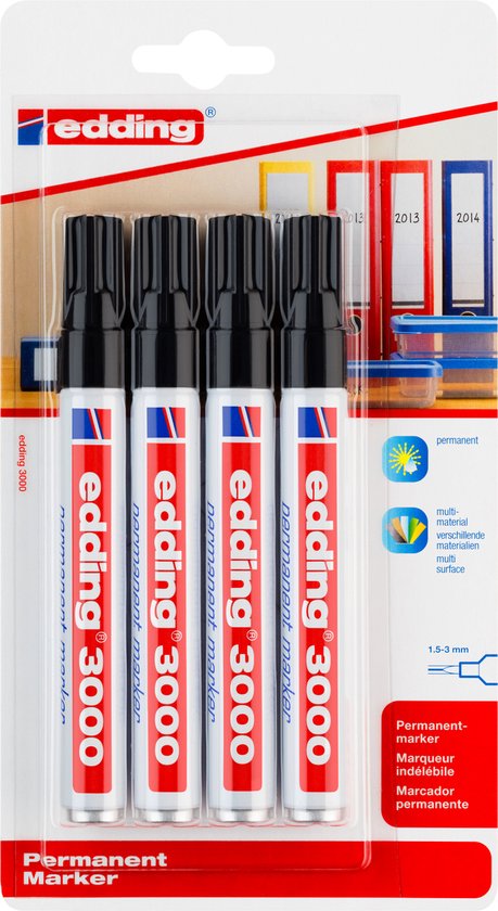 Foto: Edding 3000 4 permanent marker zwart 4 stuks ronde punt 1 5 3mm sneldrogende permanent marker water en wrijfvast voor karton kunststof hout metaal universele marker alcoholstift