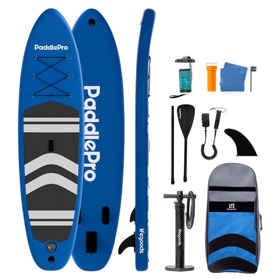 LifeGoods SUP Board - Opblaasbaar Paddle Board - Complete Set - Max. 135KG - 320x81cm - Blauw