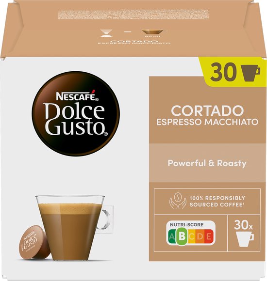 Nescafé Dolce Gusto Cortado Espresso Macchiato verpakking. 30 cups, met afbeelding van koffie en nutri-score.