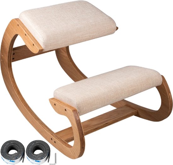 Predawn Ergonomische kniestoel voor rechte houding, kniekruk voor thuis, kantoor en meditatie, hout en linnen kussen (wit eiken