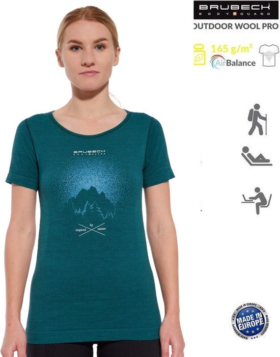 Foto: Brubeck dames outdoor wool pro shirt merino wol blend lichtgewicht ademend sneldrogend voor hiking wandelen groen s