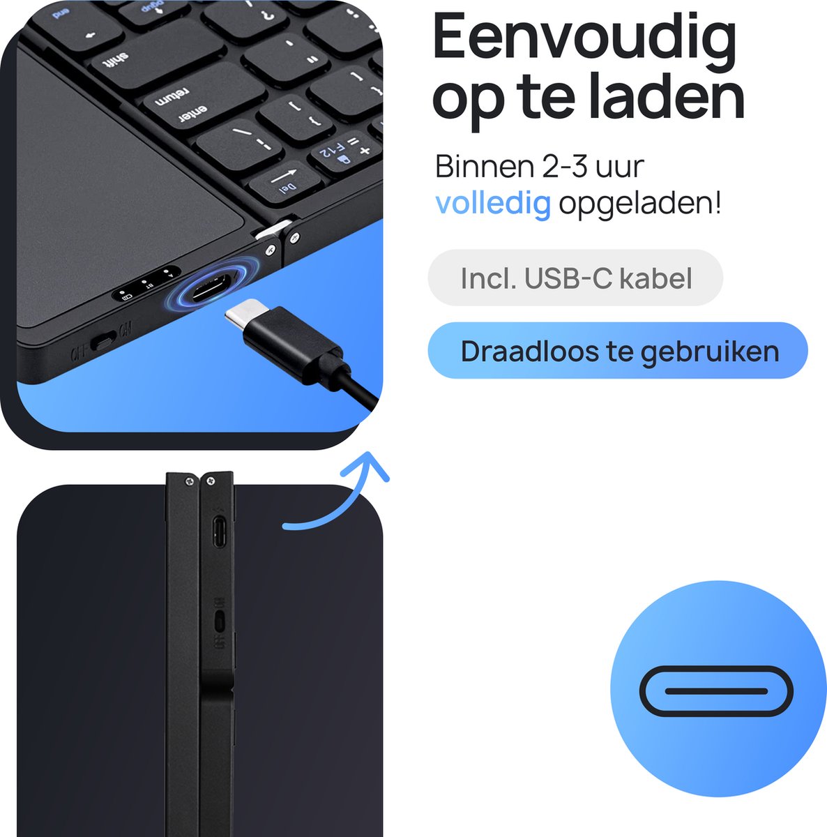 K&G® Opvouwbaar Toetsenbord - Groot Touchpad - Qwerty Toetsen - Oplaadbaar - Draadloos - Anti Slip Onderkant - Bluetooth - Foldable Keyboard - Zwart thumbnail 4