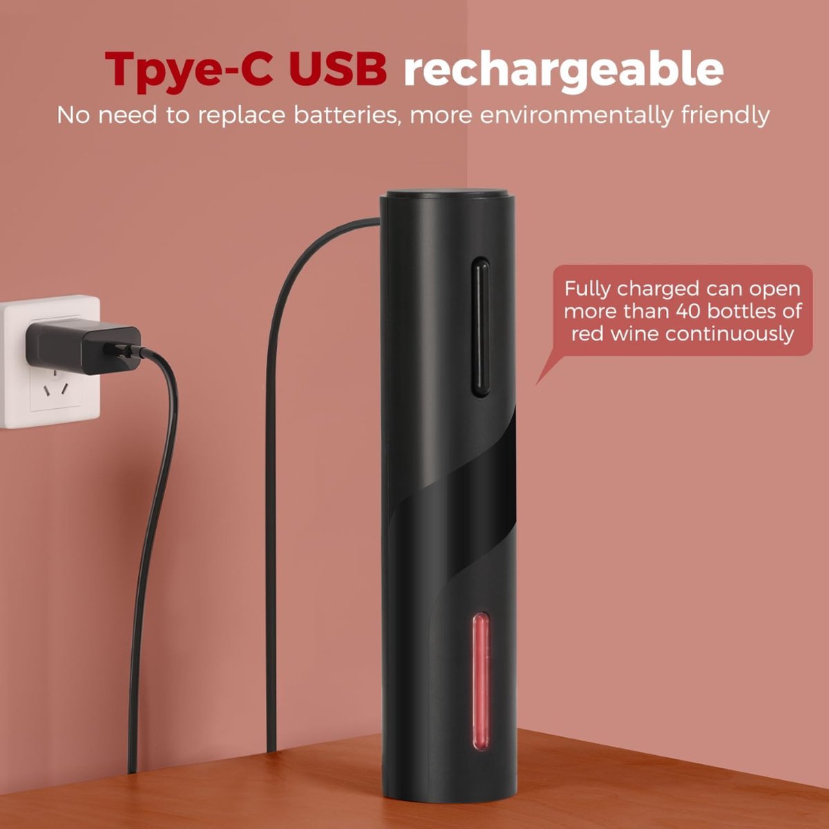 Elektrische wijnkurkentrekker, 6-in-1 geschenkdoos, elektrische flesopener met capsulesnijder, vacuümsluiting en schenktuit, oplaadbare batterij via USB (6-in-1