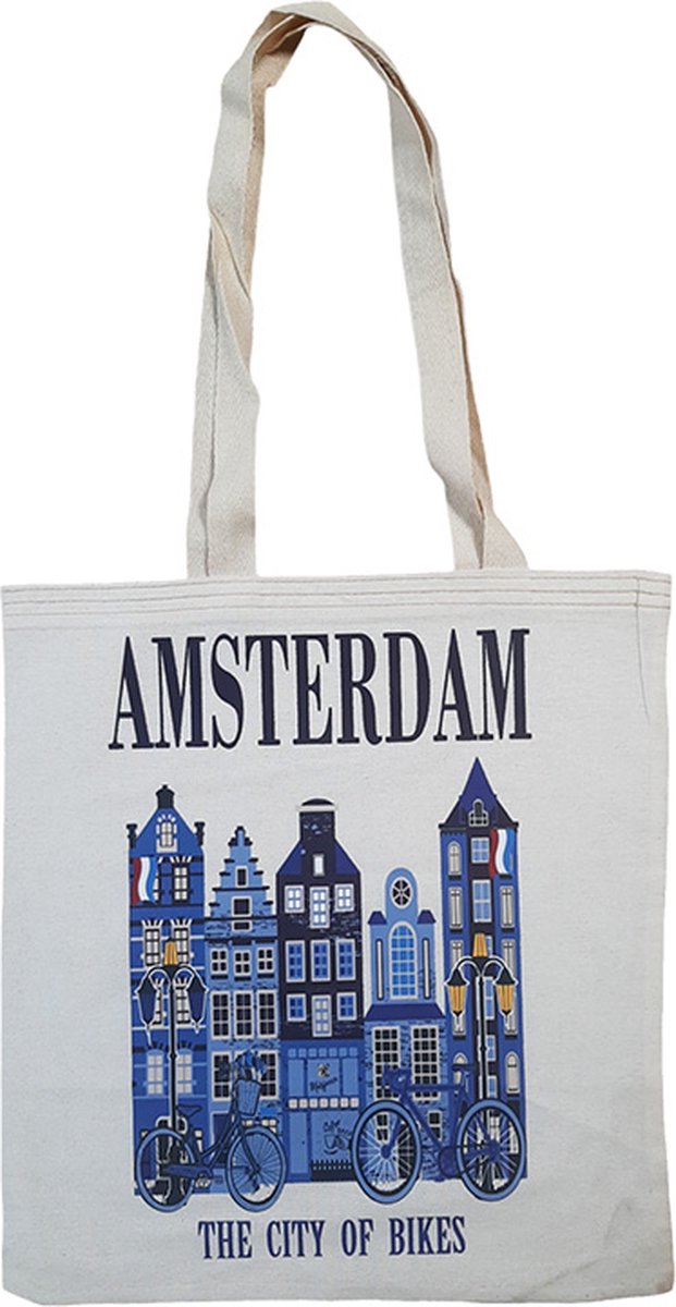 Canvas tas Amsterdam grachtenpanden delftsblauw - katoenen tas - schoudertas dames - tassen dames - schoudertassen
