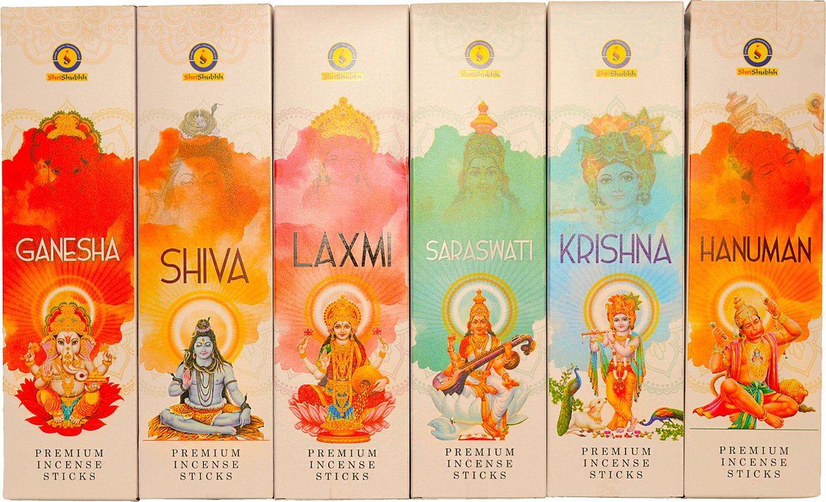 Shri Shubh Wierook Shri Shubh Agarbatti 6 pakjes-met afbeeldingen van hindoegoden en -godinnen - Ganesh, Shiva, Laxmi, Saraswati, Krishna en Hanuman Blauw