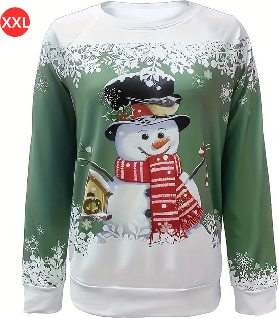 Bovista Kersttrui - Dames - Foute Kersttrui - Christmas Sweater - Kerst Sweater - Christmas Jumper - Pyjama - Pullover - Sneeuwpop - Groen - Maat XXL