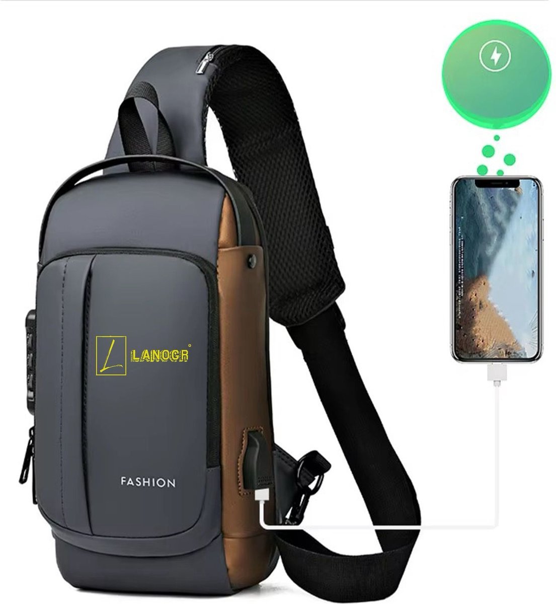 Crossbody Tas dames en heren met USB-Oplaadpoort, Waterdicht Design, Verstelbare Schouderriem en Anti-Diefstal Veiligheidssluiting – Perfect voor Reizen en Dagelijks Gebruik, Grijs,***cadeautje armband***