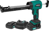 Een groene en zwarte VONROC accu kitspuit met twee 20V accu's en een oplader.