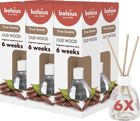 Voordeelverpakking van 6 Bolsius Oud Wood geurstokjes, elk met 3 stokjes in een glazen flesje met bruine stokjes en groene blaadjes.