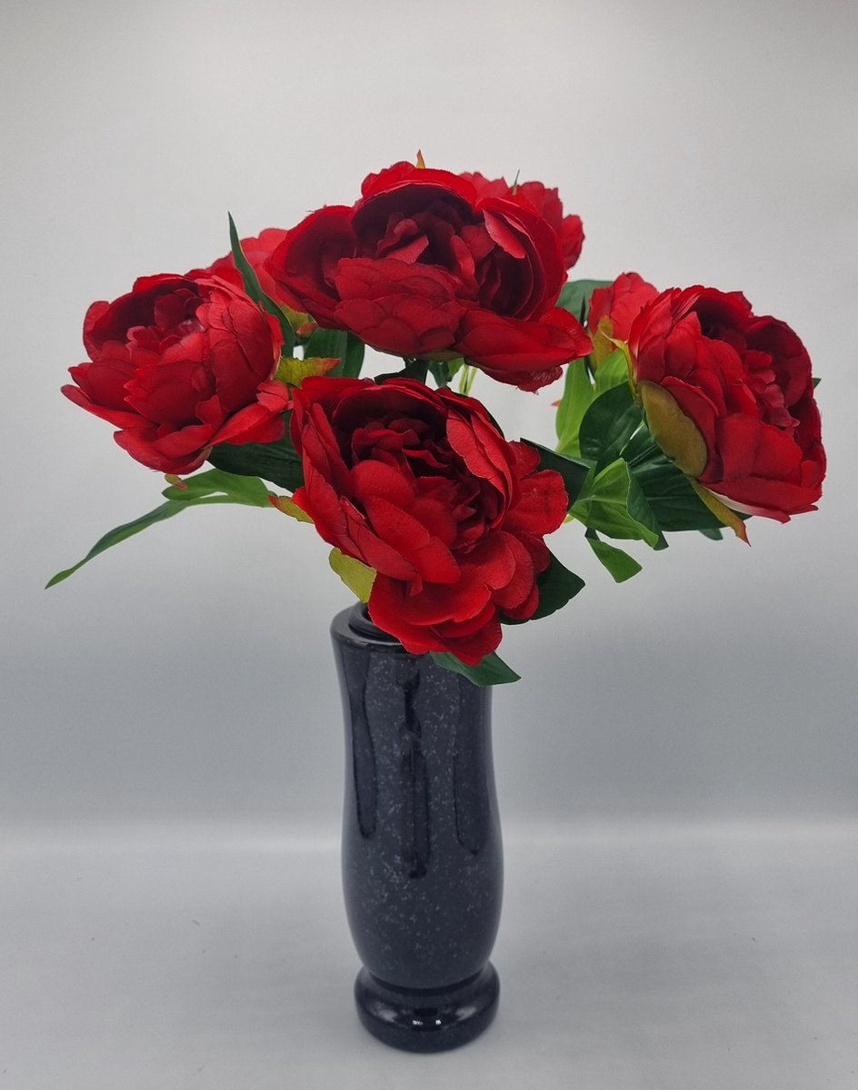 Boeket - Pioenroos - U086-m1 - 40cm - Rood - 7 bloemen - Grafdecoratie - Zijdenbloemen - Kunstbloemen