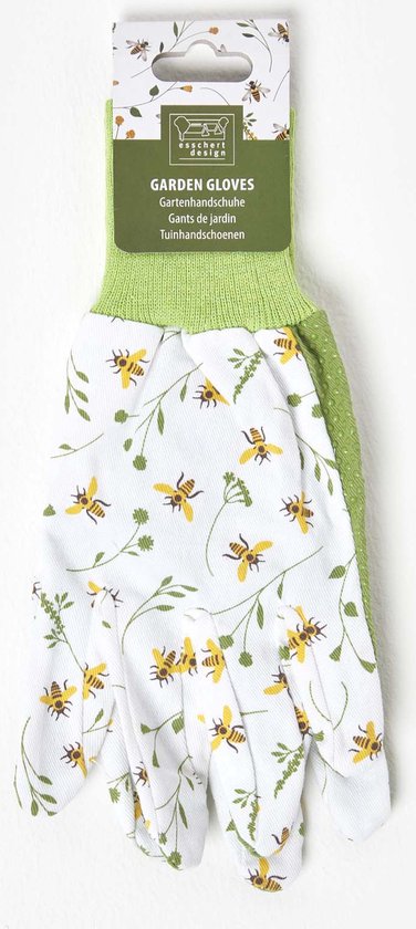 Verpakking met groene tuinhandschoenen met bloemen-bijenmotief, groen gebreide boorden en antislipnoppen.