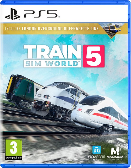 Gamecover van Train Sim World 5 met drie treinen: een groene, een witte met blauwe strepen en een witte met rode strepen.