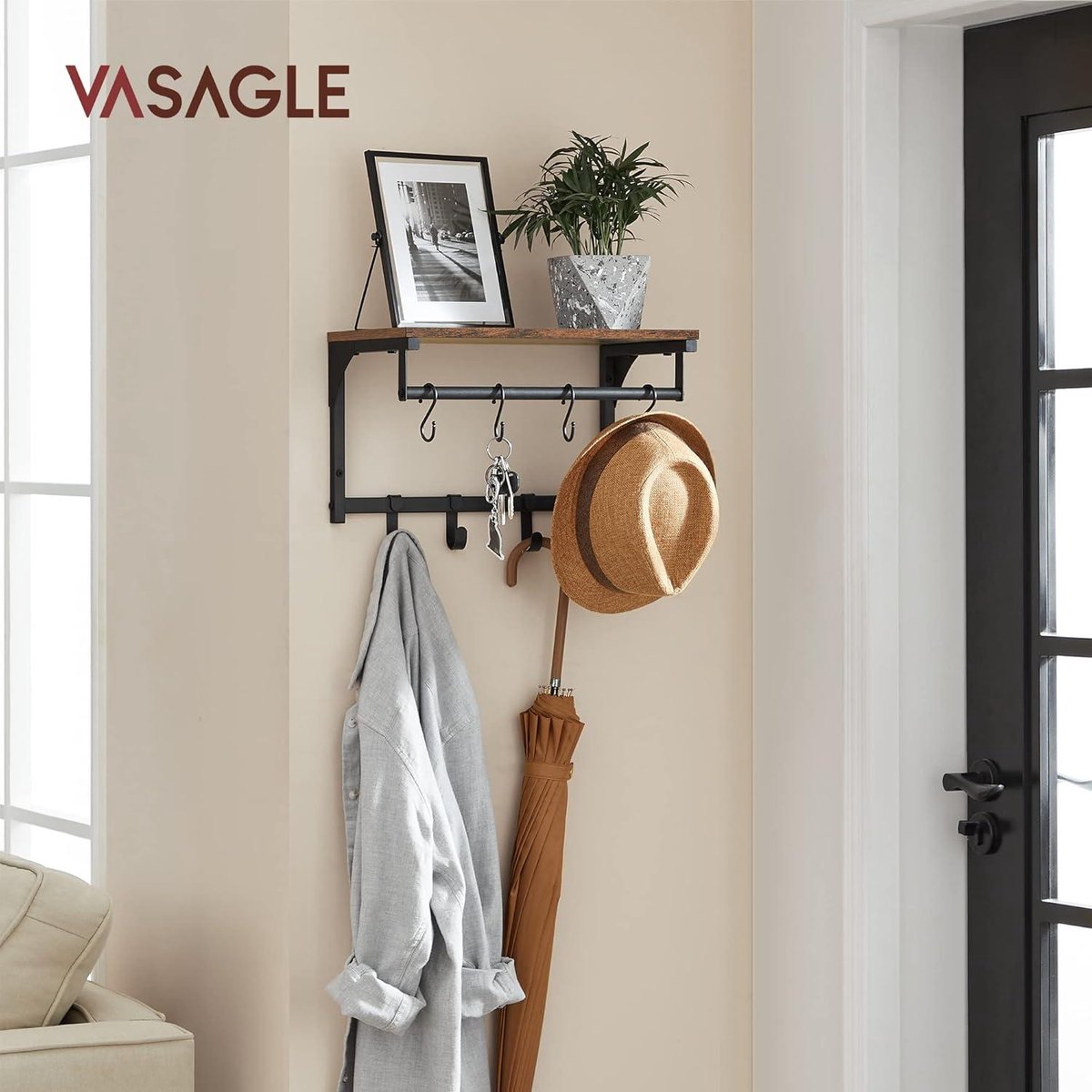 VEDECASA Wandkapstok & hoedenplank, zwart, metaal, wandgarderobe, boomvorm, kleerhanger voor honkbalpetten, jassen, hoeden, tassen, paraplu, eenvoudig te monteren