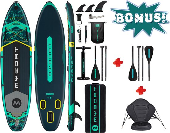 Luxe zeer complete set | BassHunter Kajak Peddel Boord | 350cm lang MyBoat SUP Board Set met 5cm hoog stevig zitje plus tweede extra 4 delige peddel voor kano ervaring | 2 personen | Samen Stand Up peddelen | 168 Kg belastbaar gewicht | kajakken