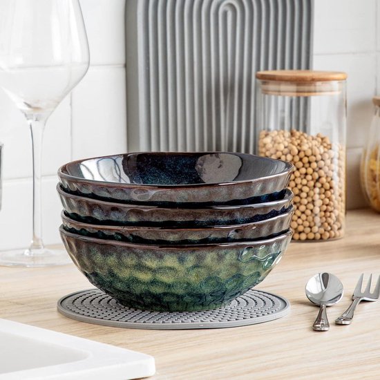 Töchter & Söhne Mia Poké kom, voor 4 personen, 4-delige aardewerk ramen kommenset, bowlset in cleane stijl voor de perfect gedekte tafel (blauw