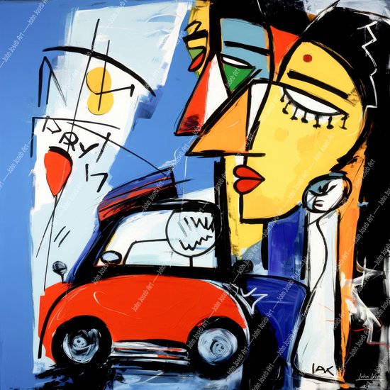 JJ-Art (Canvas) 100x100 | Man en vrouw met nieuwe auto, Herman Brood stijl, abstract, kleurrijk, kunst | vierkant, mens, geel, rood, oranje, blauw, modern | Foto-Schilderij canvas print (wanddecoratie)