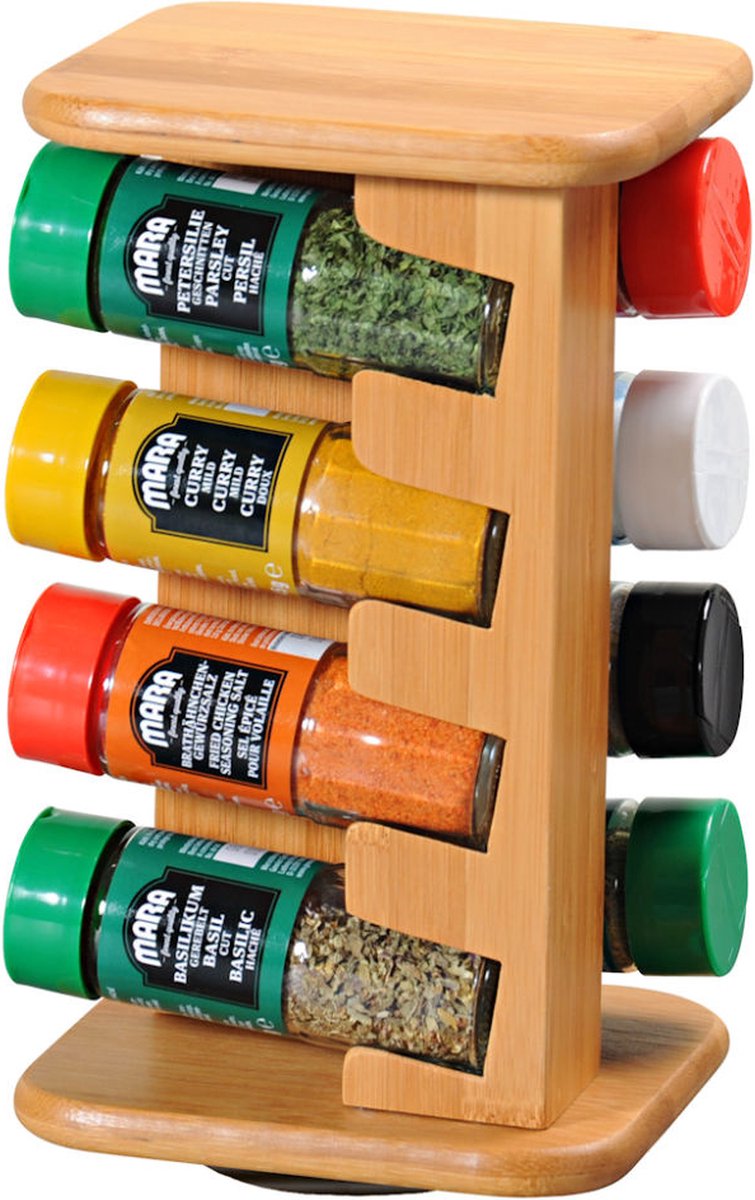 Roterend Kruidenrek met 8 Gevulde glazen kruiden potjes - Kruidenpotjes Kruidenorganizer - FSC® Bamboe Hout - Afm. 15 x 13 x 25.5 Cm.